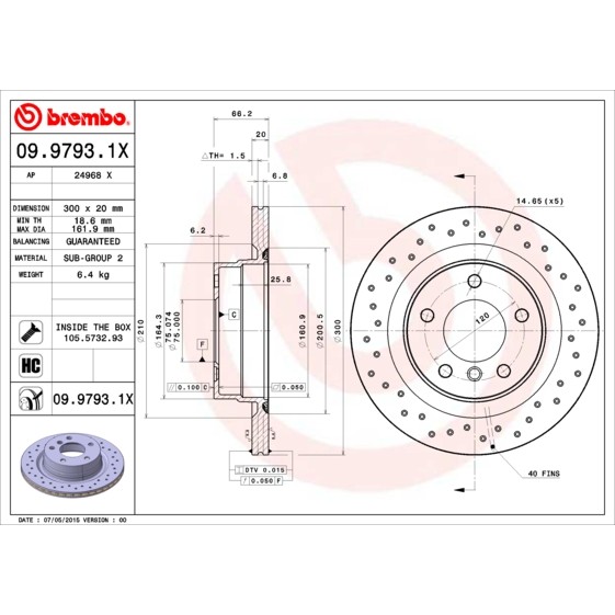 Слика на кочионен диск BREMBO XTRA LINE 09.9793.1X за BMW 3 Sedan E90 318 d - 122 коњи дизел