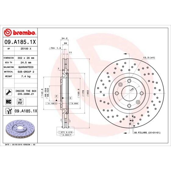 Слика на кочионен диск BREMBO XTRA LINE 09.A185.1X за Peugeot 208 1.2 GPL - 82 коњи Бензин/Автогаз (LPG)