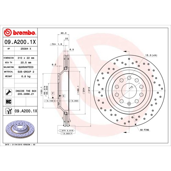 Слика на кочионен диск BREMBO XTRA LINE 09.A200.1X за Audi A3 Cabrio (8V7) 1.4 TFSI - 125 коњи бензин