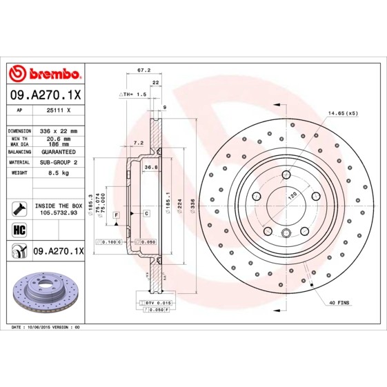 Слика на кочионен диск BREMBO XTRA LINE 09.A270.1X за BMW 3 Sedan E90 335 xi - 305 коњи бензин