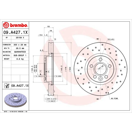 Слика на кочионен диск BREMBO XTRA LINE 09.A427.1X за Ford Mondeo 4 Saloon 1.8 TDCi - 100 коњи дизел