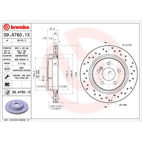 Слика на кочионен диск BREMBO XTRA LINE 09.A760.1X за Mercedes E-class Coupe (c207) E 350 BlueTEC - 252 коњи дизел