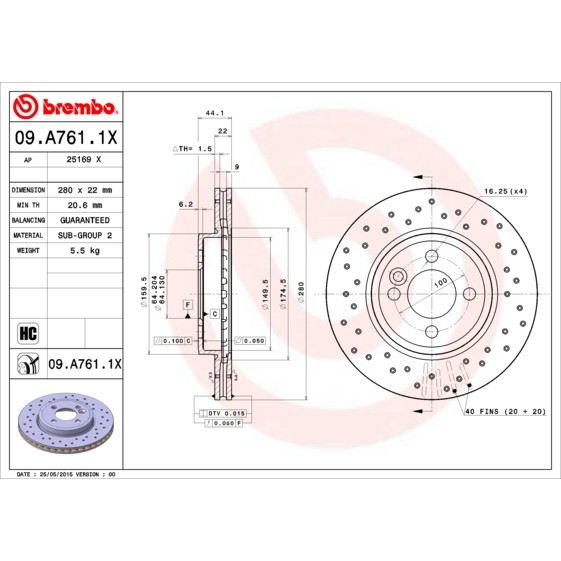 Слика на кочионен диск BREMBO XTRA LINE 09.A761.1X за Mini Clubvan (R55) Cooper D - 112 коњи дизел