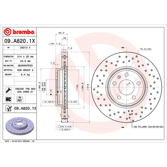 Слика на кочионен диск BREMBO XTRA LINE 09.A820.1X за Audi A4 Sedan (8K2, B8) 2.0 TFSi - 211 коњи бензин