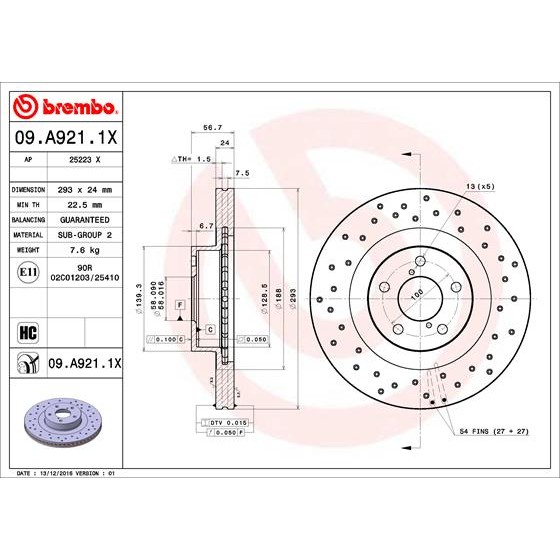 Слика на кочионен диск BREMBO XTRA LINE 09.A921.1X за Subaru Forester (SH) 2.5 AWD - 171 коњи бензин