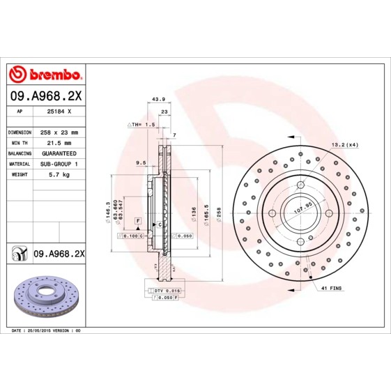 Слика на кочионен диск BREMBO XTRA LINE 09.A968.2X за Ford Fiesta 6 1.6 Ti - 120 коњи бензин