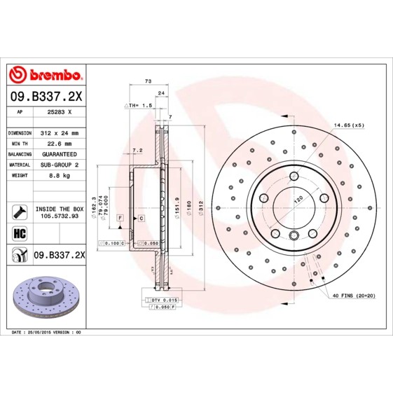 Слика на кочионен диск BREMBO XTRA LINE 09.B337.2X за BMW 3 Sedan F30 F35 F80 320 d - 163 коњи дизел