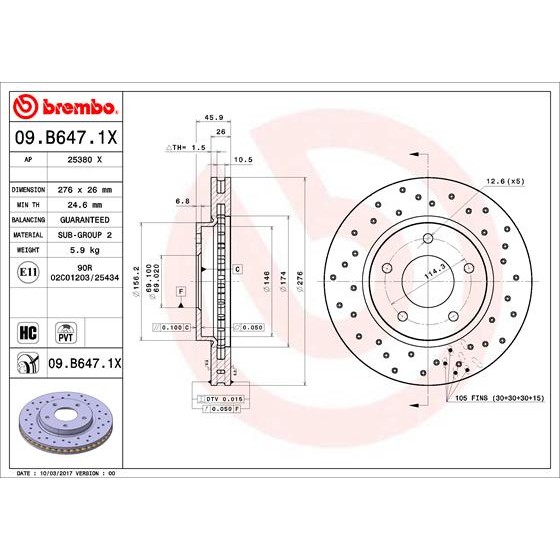 Слика на кочионен диск BREMBO XTRA LINE 09.B647.1X за Mitsubishi Lancer Ex Saloon (CY-ZA) 1.5 - 109 коњи бензин