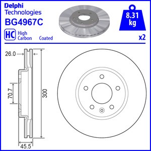 Слика на кочионен диск DELPHI BG4967C за Opel Insignia B Sports Tourer 2.0 CDTI 4x4 (35) - 210 коњи дизел