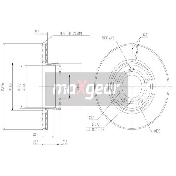 Слика на кочионен диск MAXGEAR 19-0692 за BMW 5 Sedan E39 525 i - 192 коњи бензин