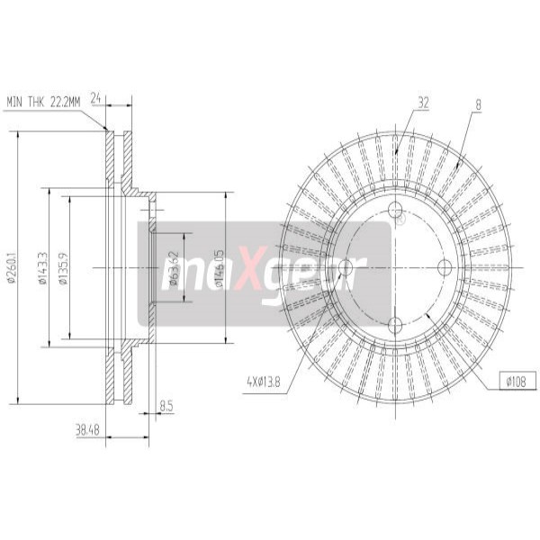 Слика на кочионен диск MAXGEAR 19-0708 за Ford Mondeo 1 Estate (BNP) 1.8 i 16V - 112 коњи бензин