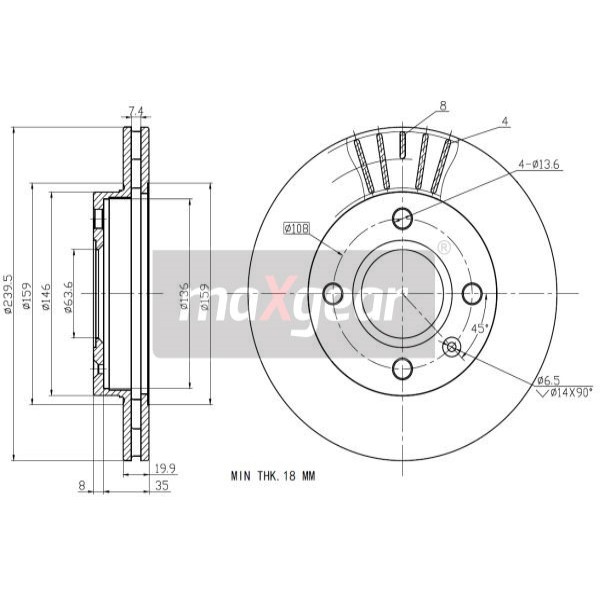 Слика на кочионен диск MAXGEAR 19-0711 за Ford Orion 3 (GAL) 1.6 i 16V - 90 коњи бензин