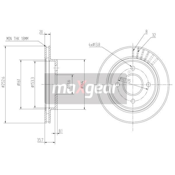 Слика на кочионен диск MAXGEAR 19-0716 за Ford Mondeo 1 Clipper (BNP) 1.6 i 16V - 88 коњи бензин