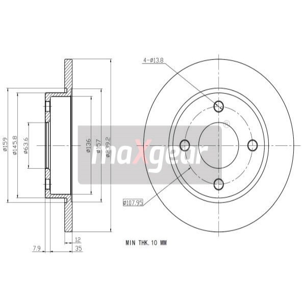 Слика на кочионен диск MAXGEAR 19-0718 за Ford Courier BOX F3L,F5L 1.3 - 60 коњи бензин