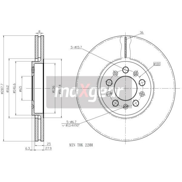 Слика на кочионен диск MAXGEAR 19-0762 за Audi A3 (8L1) 1.9 TDI - 130 коњи дизел