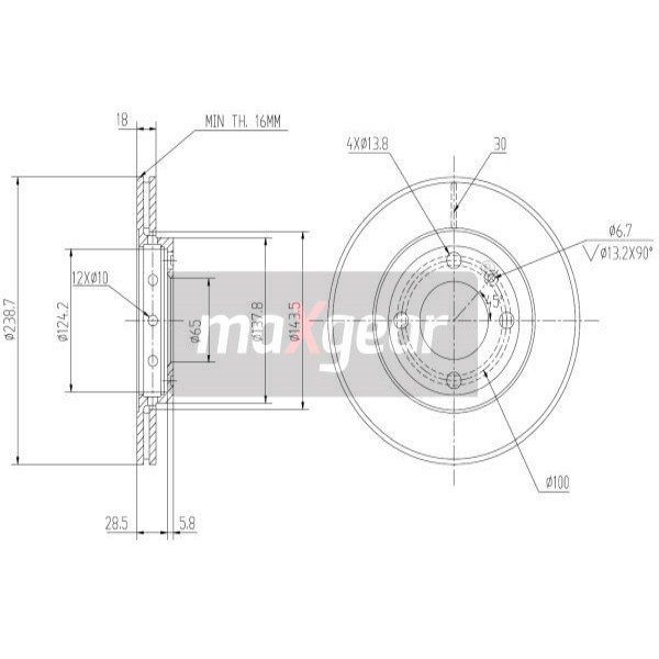 Слика на кочионен диск MAXGEAR 19-0763 за VW Polo 3 (6n1) 50 1.0 - 50 коњи бензин