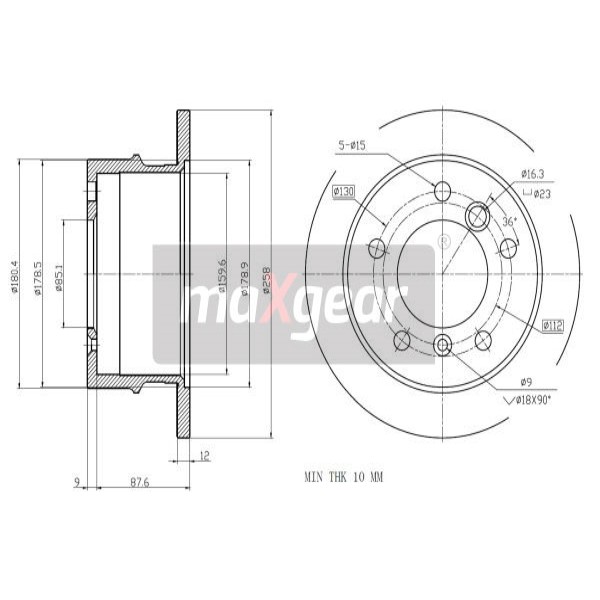 Слика на кочионен диск MAXGEAR 19-0793 за Mercedes Sprinter 2-t Platform (901,902) 210 D - 102 коњи дизел