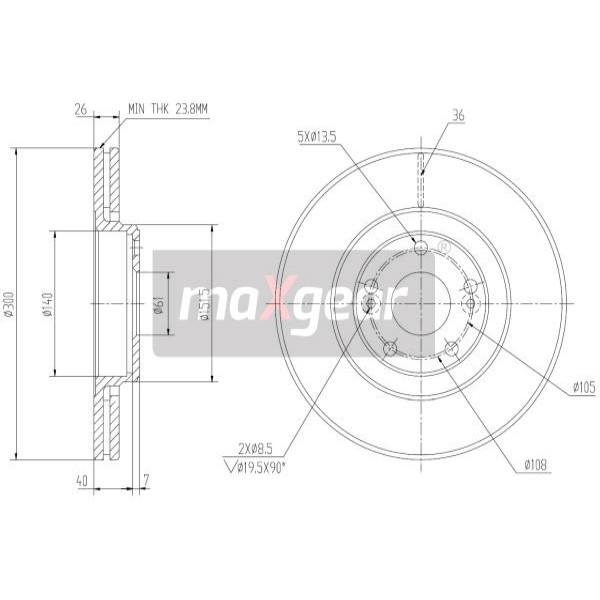 Слика на кочионен диск MAXGEAR 19-0819 за Renault Laguna 2 (BG0-1) 1.9 dCi (BG05) - 92 коњи дизел