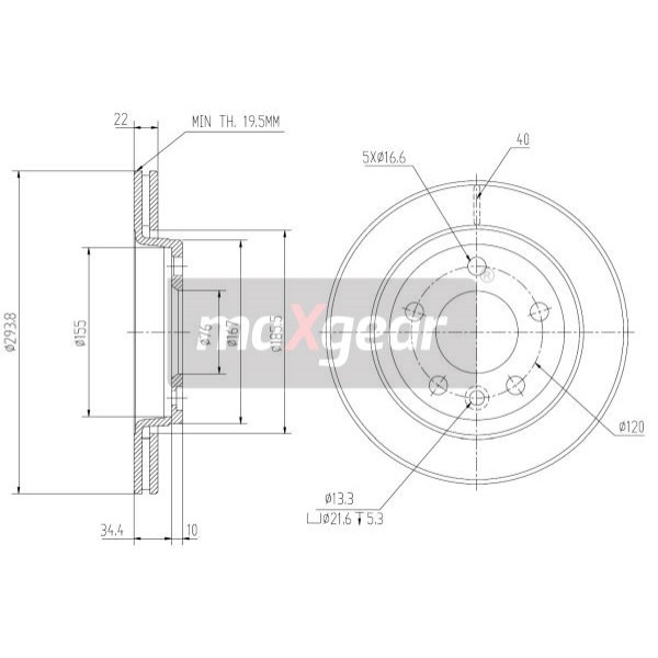 Слика на кочионен диск MAXGEAR 19-0838 за VW Multivan 6 (SGF, SGM, SGN) 2.0 TDI 4motion - 204 коњи дизел