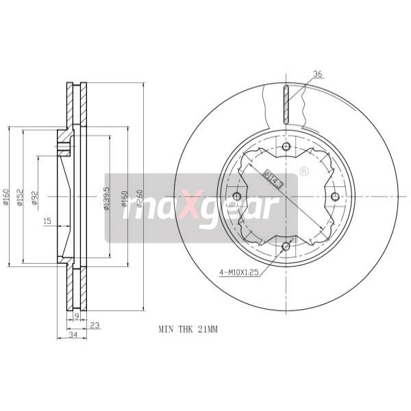 Слика на кочионен диск MAXGEAR 19-0929 за Rover 600 (RH) 618 i/Si - 115 коњи бензин