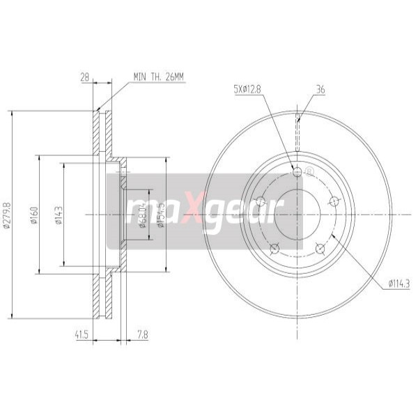 Слика на кочионен диск MAXGEAR 19-0951 за Nissan X-Trail (T30) 2.0 4x4 - 280 коњи бензин