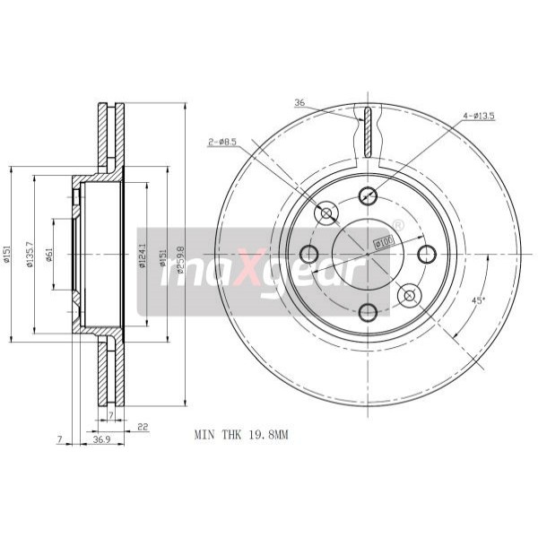 Слика на кочионен диск MAXGEAR 19-0954 за Renault Megane 2 Hatchback 1.4 16V (BM0B, CM0B) - 98 коњи бензин