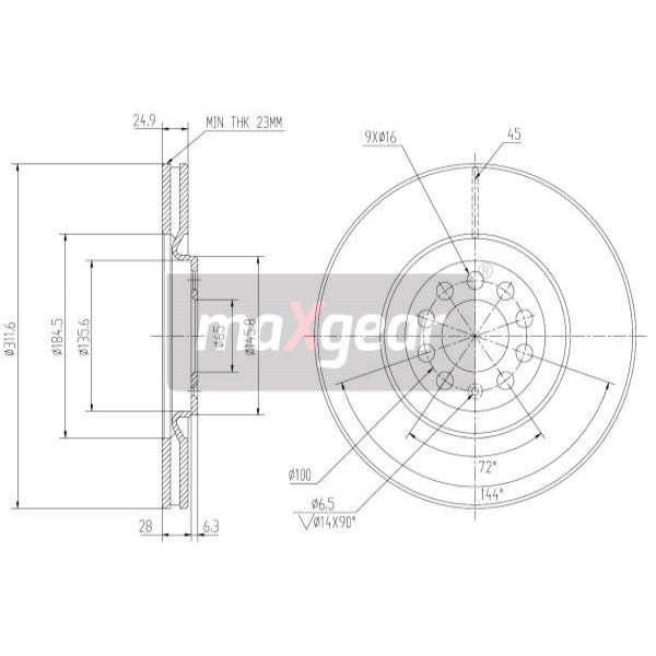 Слика на кочионен диск MAXGEAR 19-0974 за VW Jetta 4 (1J2) 1.8 T - 150 коњи бензин