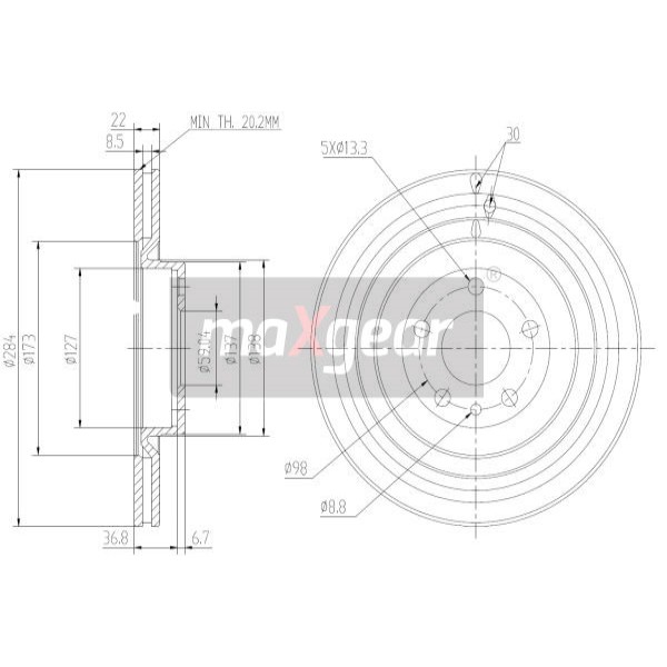 Слика на кочионен диск MAXGEAR 19-0995 за Alfa Romeo 164 Sedan 3.0 V6 (164.A) - 192 коњи бензин