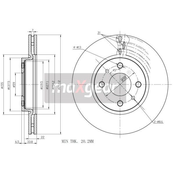 Слика на кочионен диск MAXGEAR 19-0998 за Fiat Doblo Cargo 223 1.4 - 77 коњи бензин