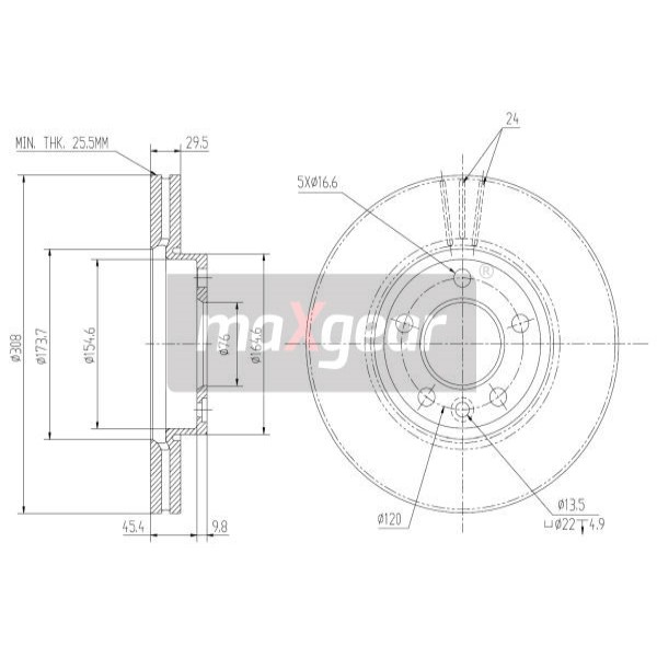 Слика на кочионен диск MAXGEAR 19-1050 за VW Transporter T5 Box 3.2 4motion - 235 коњи бензин