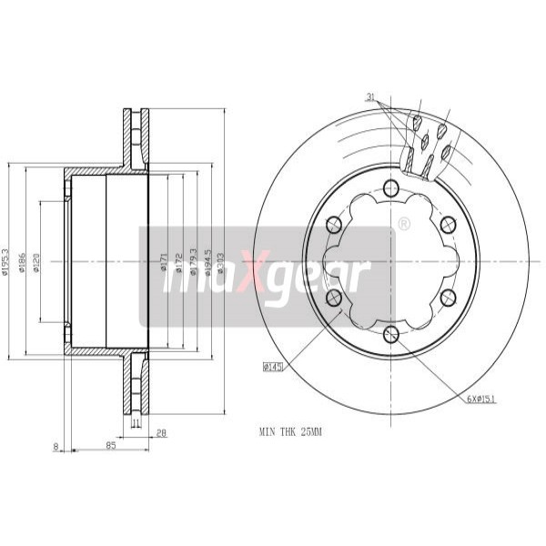 Слика на кочионен диск MAXGEAR 19-1051 за Mercedes Sprinter 4.6-t Platform (906) 411 CDI (906.153, 906.155, 906.253, 906.255) - 109 коњи дизел