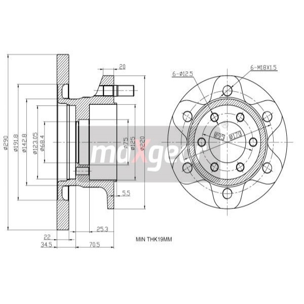 Слика на кочионен диск MAXGEAR 19-1164 за камион Iveco Daily 1 Box 35-10 (15034111, 15034204, 15034211, 15034215, 15034217, 150 - 103 коњи дизел