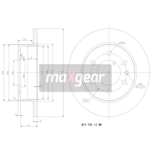 Слика на кочионен диск MAXGEAR 19-1235 за Mercedes Sprinter 3.5-t Box (906) 316 NGT (906.633, 906.635) - 156 коњи Бензин/Метан (CNG)