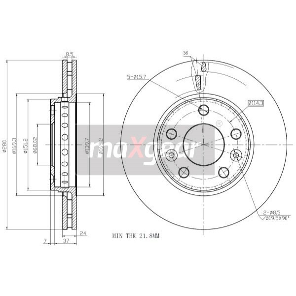 Слика на кочионен диск MAXGEAR 19-1285 за Renault Megane 3 Coupe 1.5 dCi (DZ0C, DZ1A) - 90 коњи дизел