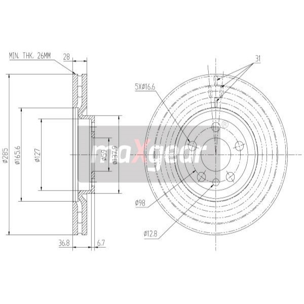 Слика на кочионен диск MAXGEAR 19-1291 за Citroen C8 EA,EB 2.2 - 158 коњи бензин