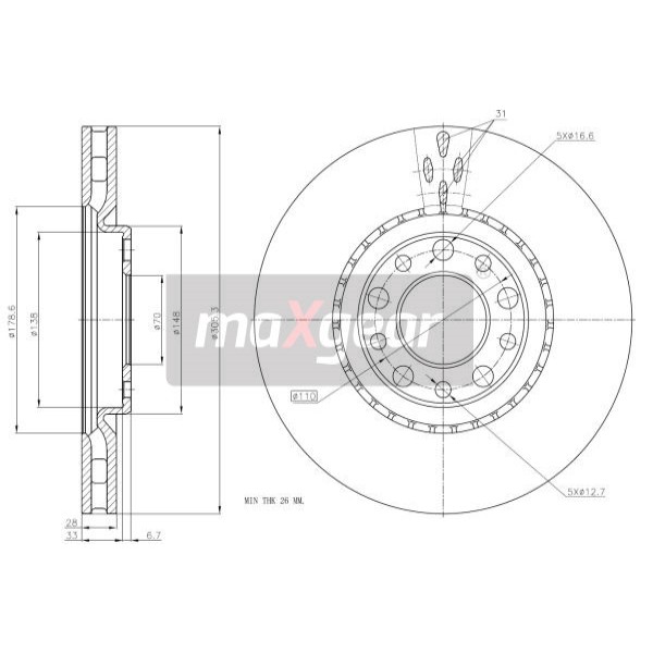 Слика на кочионен диск MAXGEAR 19-1325 за Alfa Romeo 159 Sedan 2.2 JTS - 185 коњи бензин