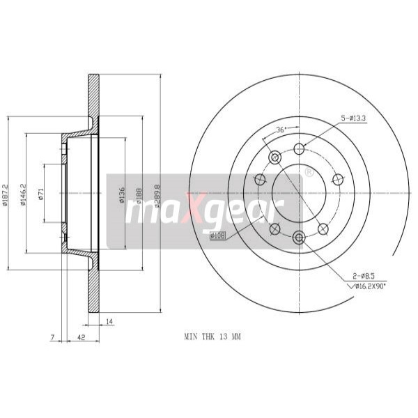 Слика на кочионен диск MAXGEAR 19-1878 за Citroen Dispatch VAN 1.6 HDi 90 - 90 коњи дизел