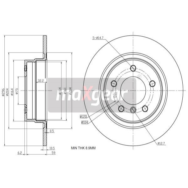 Слика на кочионен диск MAXGEAR 19-1939 за BMW 3 Sedan E90 318 d - 122 коњи дизел