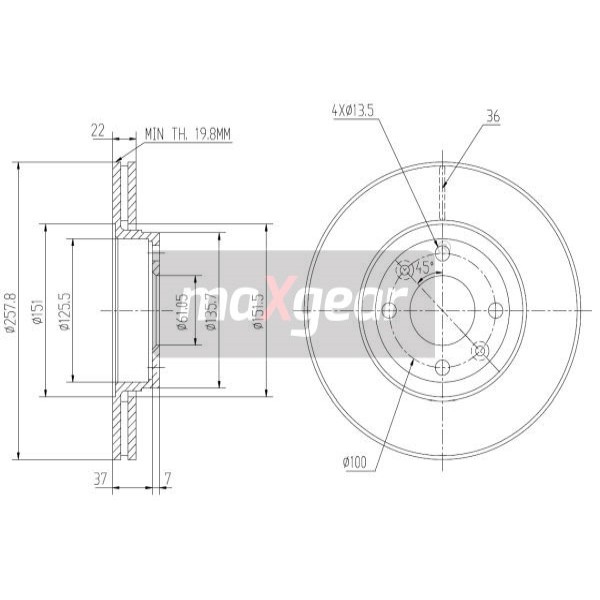 Слика на кочионен диск MAXGEAR 19-2232 за Mercedes Citan Kombi (415) 112 (415.703) - 114 коњи бензин