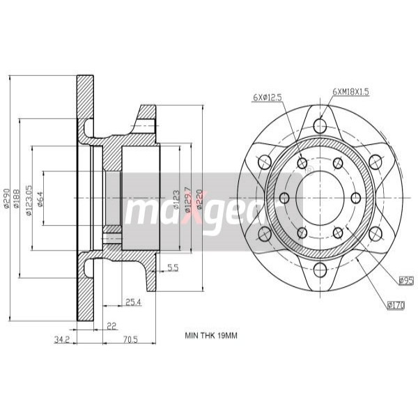 Слика на кочионен диск MAXGEAR 19-2405 за камион Iveco Daily 2 Bus Box 2.8 CNG - 106 коњи компресиран природен газ (метан)