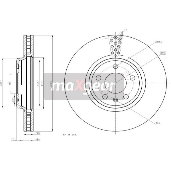 Слика на кочионен диск MAXGEAR 19-2447 за Audi A4 Sedan (8K2, B8) 3.2 FSI - 265 коњи бензин