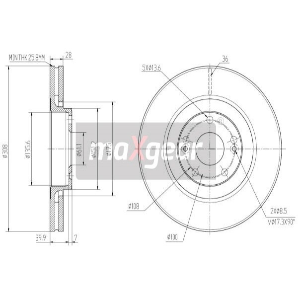 Слика на кочионен диск MAXGEAR 19-2503 за Renault Laguna 2 Sport Tourer (KG0-1) 2.0 dCi (KG1S) - 173 коњи дизел