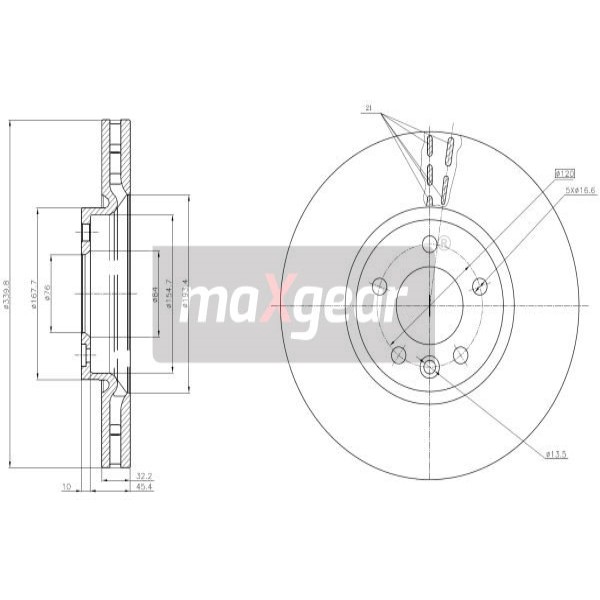 Слика на кочионен диск MAXGEAR 19-3221 за VW Multivan 6 (SGF, SGM, SGN) 2.0 TDI 4motion - 204 коњи дизел