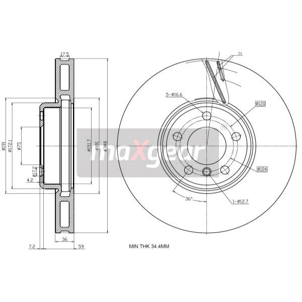 Слика на кочионен диск MAXGEAR 19-3233 за BMW 5 Touring F11 535 d - 299 коњи дизел