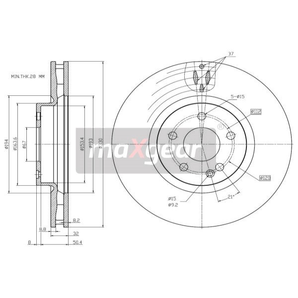 Слика на кочионен диск MAXGEAR 19-3359 за Mercedes Vito Box (w447) 114 CDI (447.601, 447.603, 447.605) - 136 коњи дизел