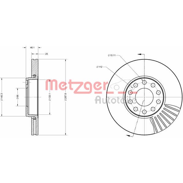 Слика на кочионен диск METZGER COATED / HIGH CARBON 6110080 за Skoda Superb Sedan (3U4) 1.9 TDI - 130 коњи дизел