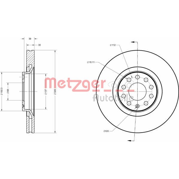 Слика на кочионен диск METZGER COATED / HIGH CARBON 6110134 за Audi A4 Sedan (8D2, B5) S4 quattro - 265 коњи бензин