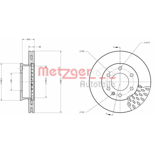 Слика на кочионен диск METZGER COATED / HIGH CARBON 6110151 за Mercedes Sprinter 5-t Box (906) 519 CDI / BlueTEC 4x4 (906.653, 906.655, 906.657) - 190 коњи дизел