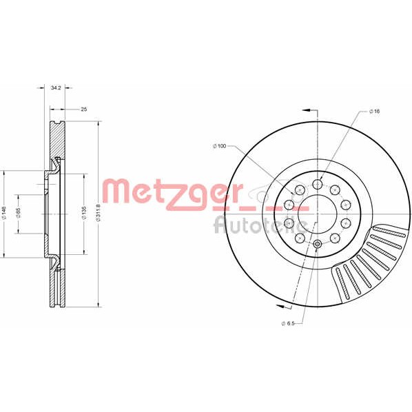 Слика на кочионен диск METZGER COATED / HIGH CARBON 6110387 за Seat Leon (1M1) 1.6 - 100 коњи бензин