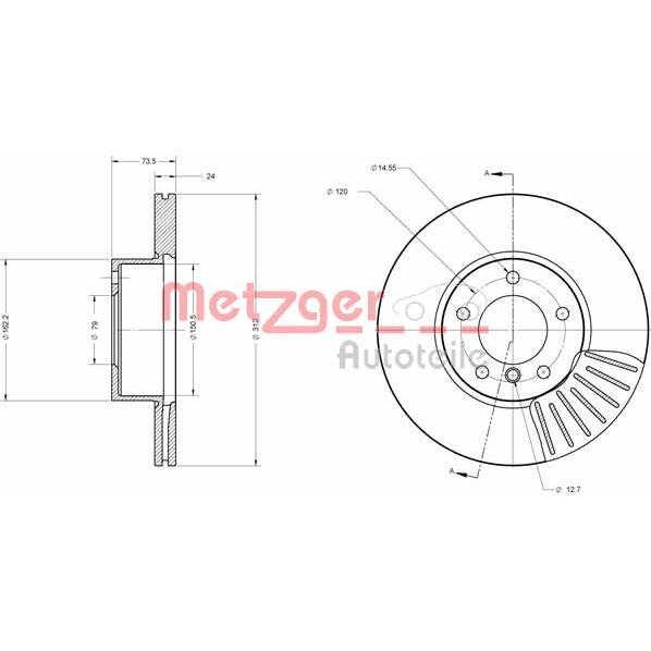 Слика на кочионен диск METZGER COATED / HIGH CARBON 6110395 за BMW 3 Touring F31 320 d - 190 коњи дизел